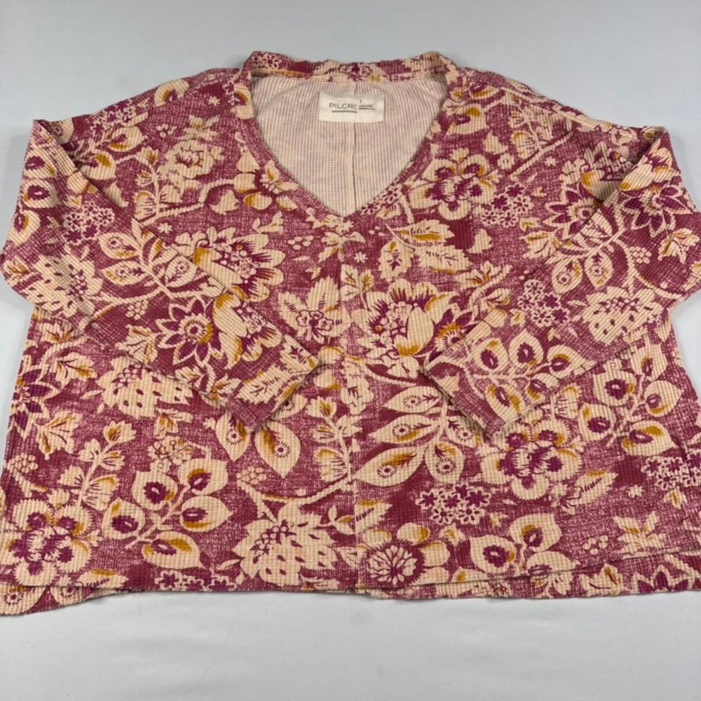 Pilcro Anthropologie Moira Knit Thermal Top Womens Small Pink Floral V-Neck